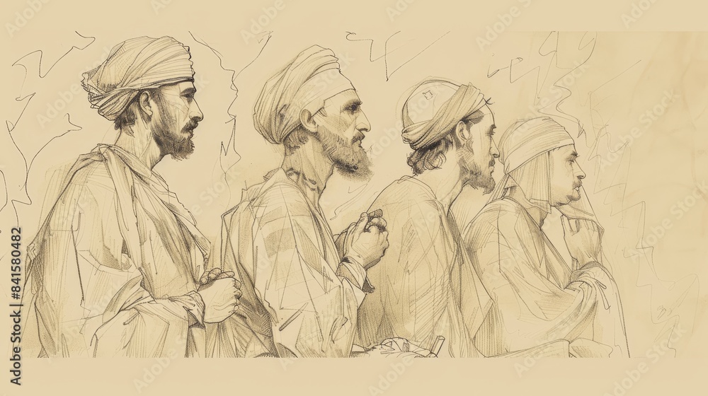 Obraz premium Dreams and Betrayal in Genesis 37: Joseph's Visions, Brothers' Jealousy, Sold into Slavery - Biblical Illustration on Beige Background with Copyspace for Faith-Based Themes