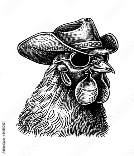 rooster cowboy sunglasses engraving black and white outline