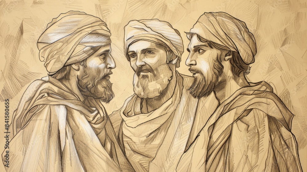 Fototapeta premium Divine Insight in Genesis 40: Joseph Interprets Cupbearer's and Baker's Dreams - Biblical Illustration on Beige Background with Copyspace for Faith-Based Themes