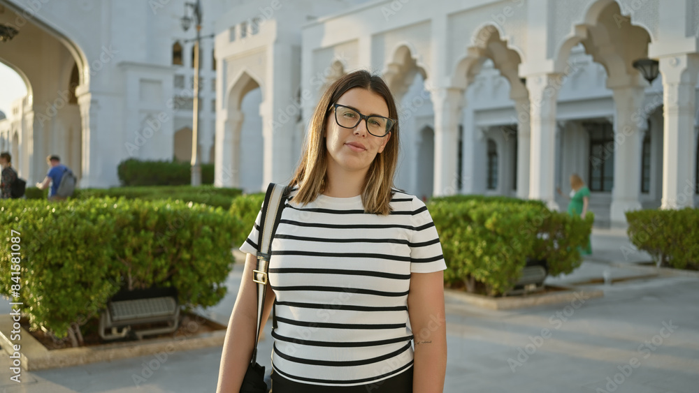 Young adult woman wearing glasses visits qasr al watan palace in abu dhabi, uae, showcasing tourism and architecture. Young adult woman wearing glasses visits qasr al watan palace in abu dhabi, uae, showcasing tourism and architecture.