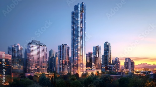 Impressive tall buildings with innovative designs set against a clear evening sky cityscape