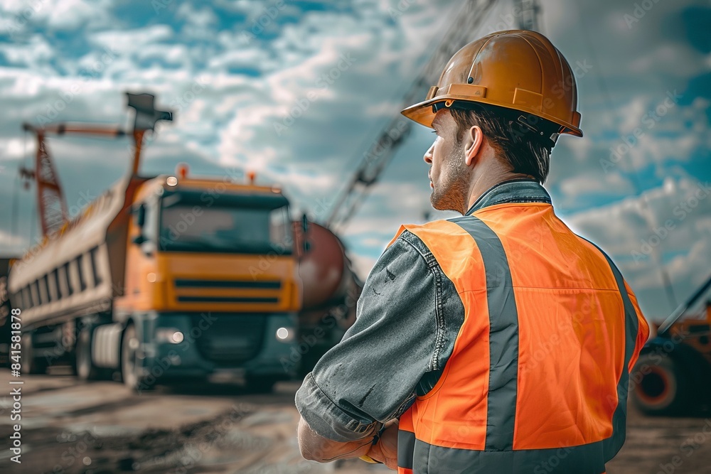 Urban Development: Construction Worker with Safety Gear on Site Urban Development: Construction Worker with Safety Gear on Site