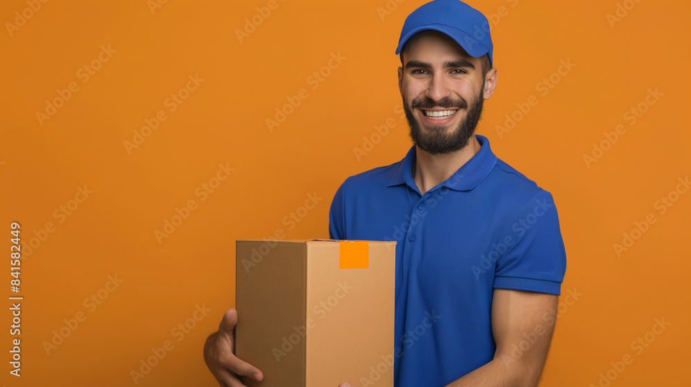 Half-body HDR image of a smiling courier in blue uniform carrying a cardboard box against a orange background, isolated on the right. Depicts efficient delivery services and customer satisfaction Half-body HDR image of a smiling courier in blue uniform carrying a cardboard box against a orange background, isolated on the right. Depicts efficient delivery services and customer satisfaction