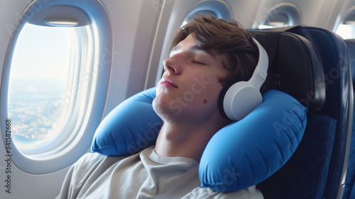 Man with headphones and pillow in plane. 