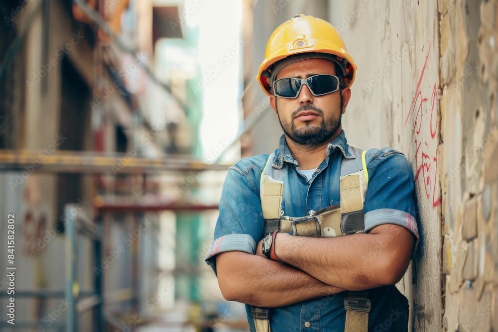 Urban Development: Construction Worker with Safety Gear on Site Urban Development: Construction Worker with Safety Gear on Site