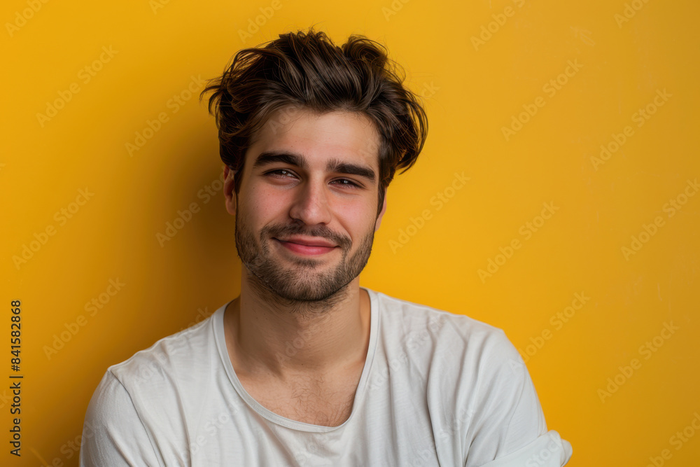 A close up portrait of a young man with a subtle smile A close up portrait of a young man with a subtle smile