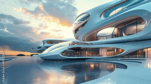 Design a picture of a futuristic building with curved lines and advanced materials, depicting the visionary architecture of tomorrow. © peerawat