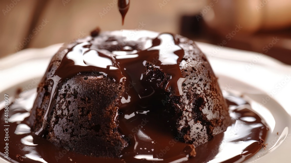 Design a picture of a molten chocolate lava cake with warm, gooey chocolate flowing out as it's cut open. Design a picture of a molten chocolate lava cake with warm, gooey chocolate flowing out as it's cut open.