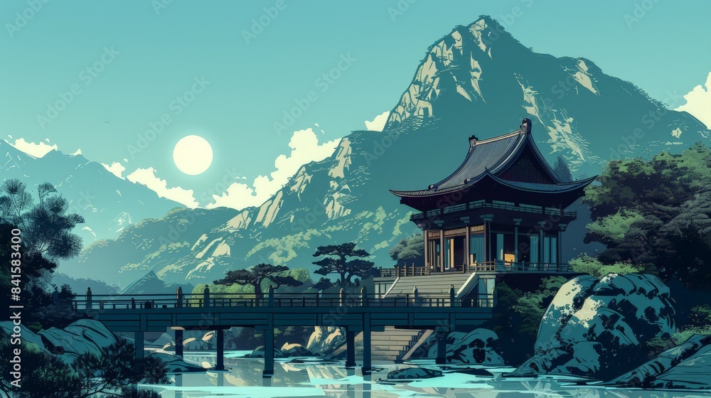 Obraz premium Design a picture of a peaceful monastery set in a tranquil landscape, emphasizing the serene and spiritual architecture.