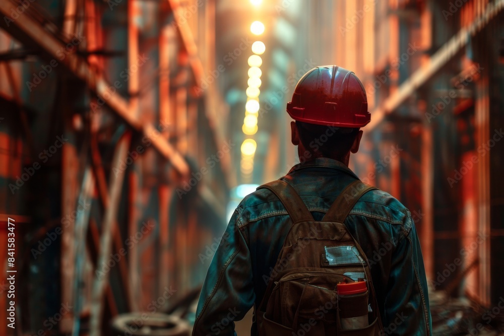 Urban Development: Construction Worker with Safety Gear on Site Urban Development: Construction Worker with Safety Gear on Site