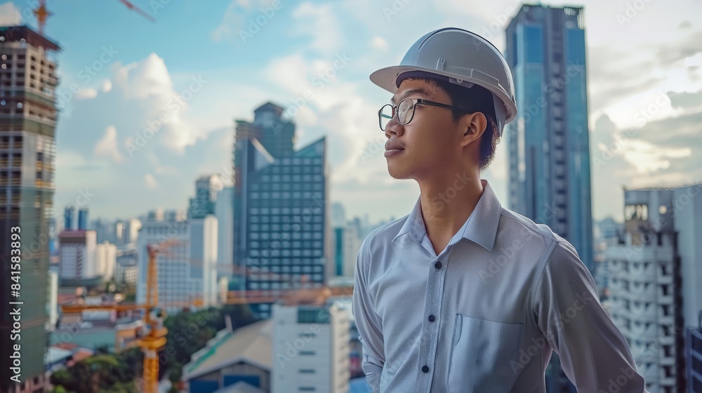 Young Asian construction manager overseeing work at a high-rise building site Young Asian construction manager overseeing work at a high-rise building site