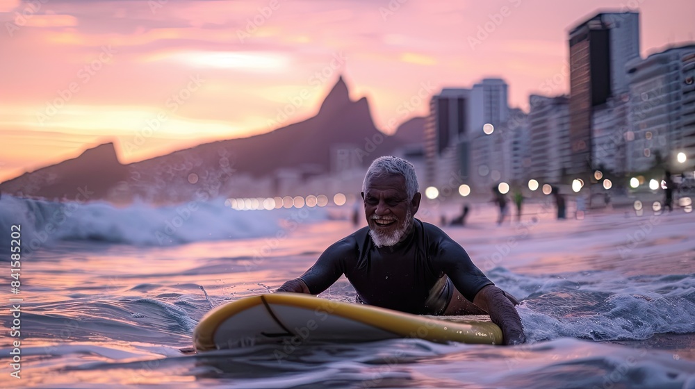 Elderly Surfer Riding Sunset Waves in Rio Elderly Surfer Riding Sunset Waves in Rio