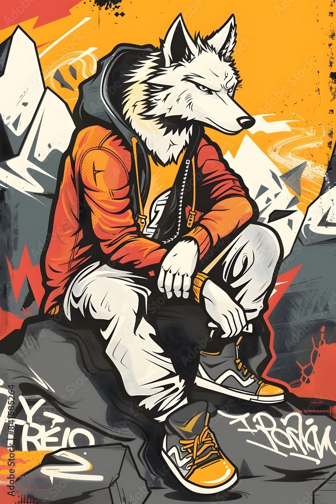 Fototapeta premium Rebellious Anthro Wolf Navigating Vibrant Urban Landscape