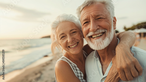 A couple is smiling and hugging on a beach. The man has a beard and the woman has gray hair