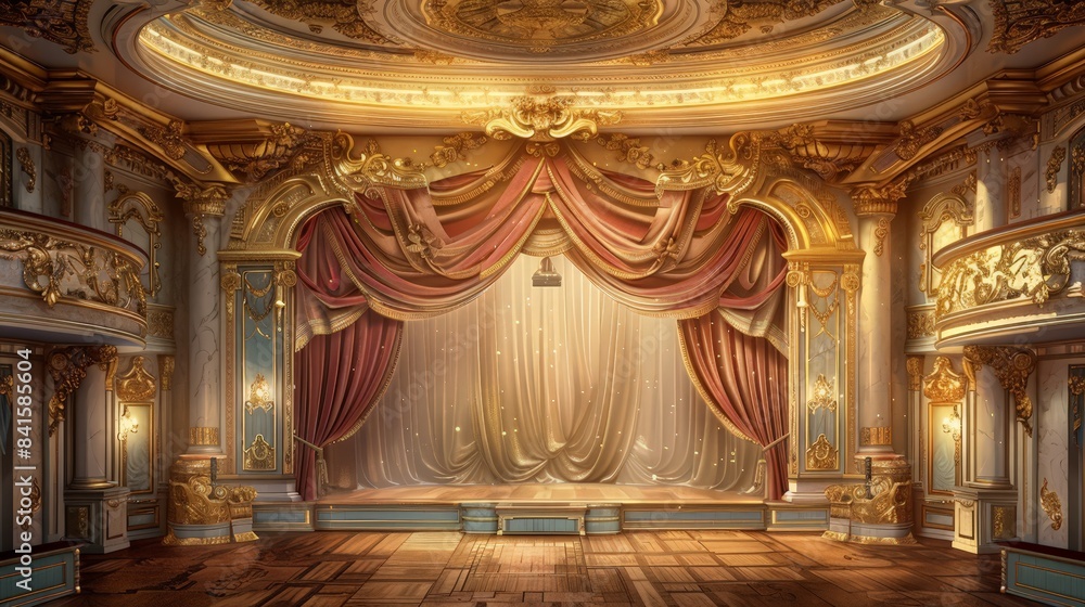 Fototapeta premium Design a scene of a grand opera house with ornate decorations and a majestic stage, showcasing the beauty of performance arts buildings.