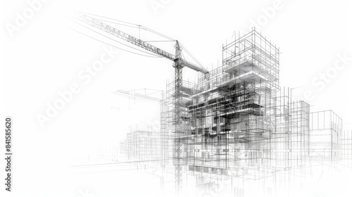 Fototapeta Naklejka Na Ścianę i Meble -  Wireframe vector illustration of a skyscraper under construction with cranes and scaffoldings highlighted, showcasing architectural and engineering details.