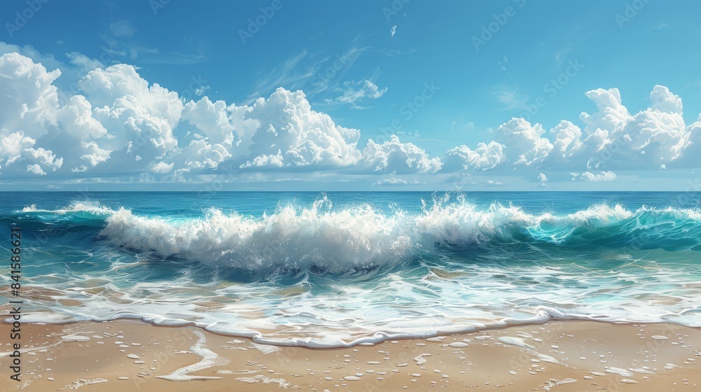 Summer ocean wave crashing on sandy beach with blue sky and white clouds Summer ocean wave crashing on sandy beach with blue sky and white clouds