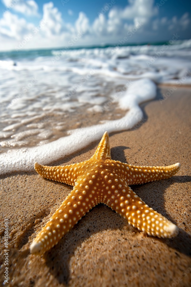 Starfish on sandy beach with ocean waves, closeup view. Summer vacation and travel concept. Design for poster, wallpaper, banner with copy space. Starfish on sandy beach with ocean waves, closeup view. Summer vacation and travel concept. Design for poster, wallpaper, banner with copy space.