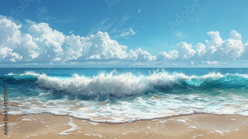 Summer ocean wave crashing on sandy beach with blue sky and white clouds