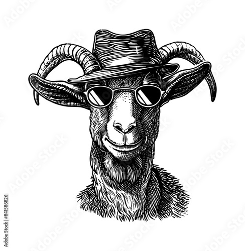 goat, mafia sunglasses engraving black and white outline