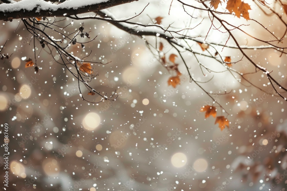 Delicate snowflakes fall on the last autumn leaves clinging to a branch Delicate snowflakes fall on the last autumn leaves clinging to a branch
