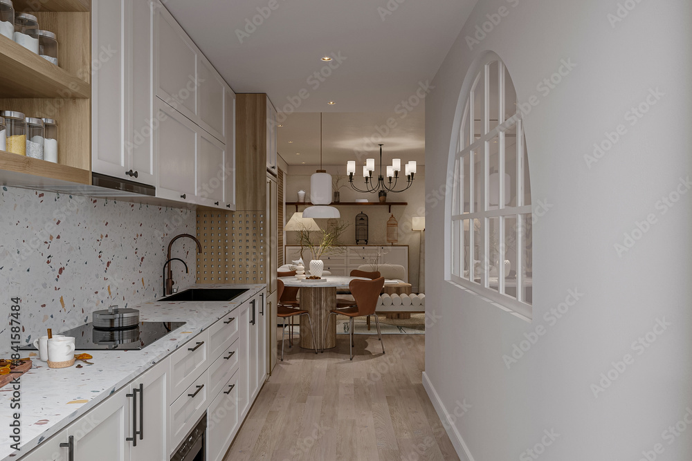 ภาพประกอบสต็อก Modern Japandi kitchen interior design in earth tones ...