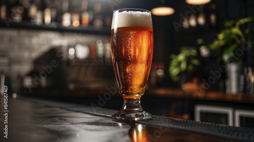 A glass of beer sits on a bar counter. craft beer bar