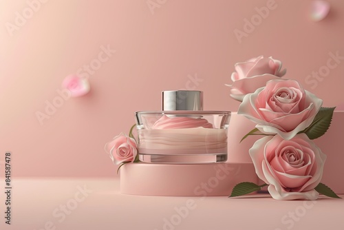 mockup cosmetics glass jar with pump with cream,oil , soup with pink rose flowers on pastel pink background with copy space. Cosmetic product , Beauty presentation, Skincare advertisement, packaging