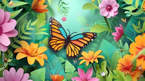 Vibrant Papercut Butterfly Resting on Colorful Flowers in Lush Garden