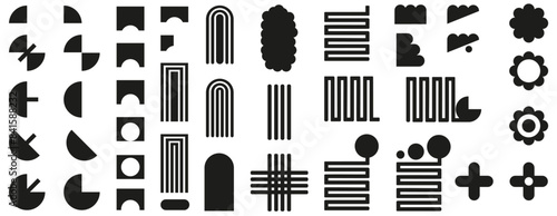 Modern Abstract Geometrical Shapes set isolated white. Simple black Brutal contemporary icon collection. Swiss aesthetic vector illustration. photo