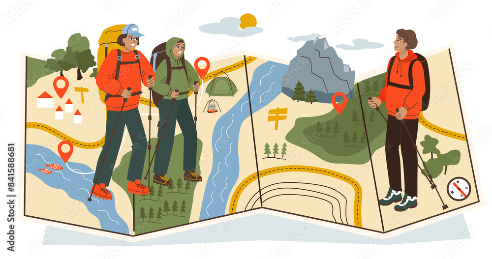 Fototapeta premium Hand drawn flat hiking composition background with a map