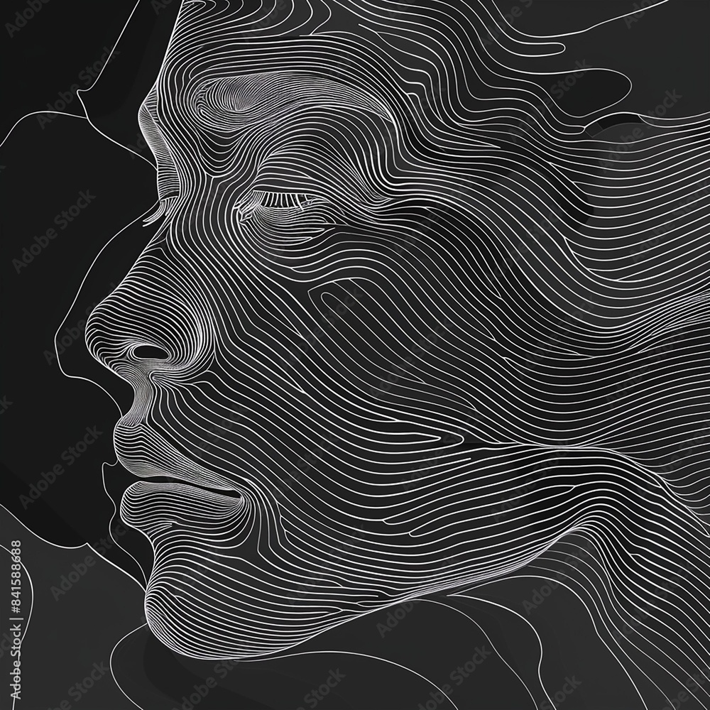 Abstract line art of a human face with intricate contour lines on a ...