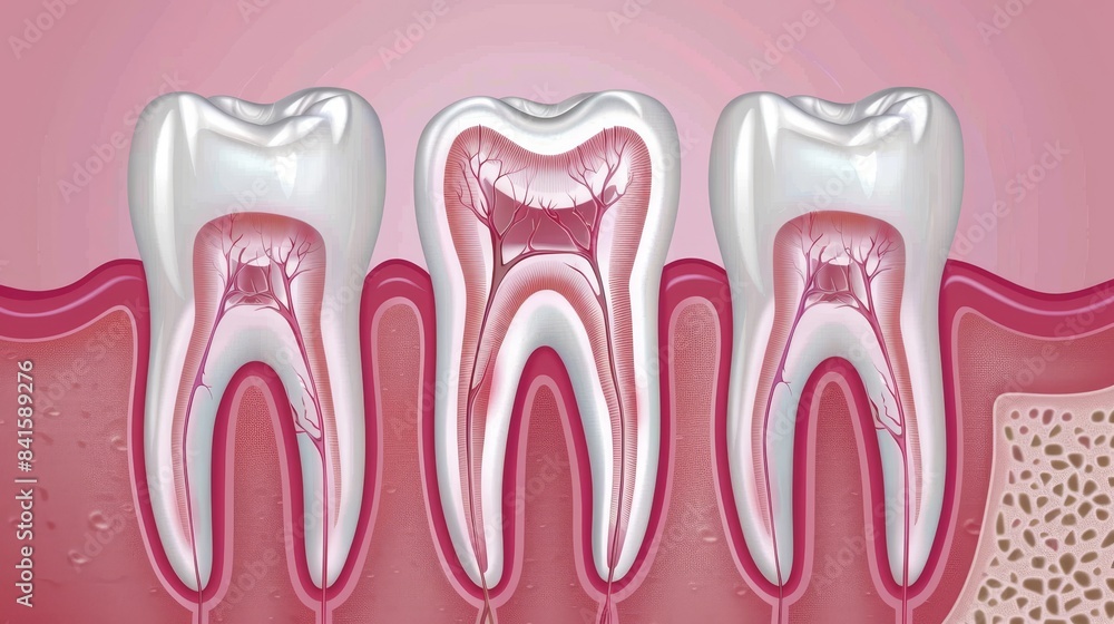 Illustration of teeth cross-section showing nerves, blood vessels, and gum structure. Illustration of teeth cross-section showing nerves, blood vessels, and gum structure.