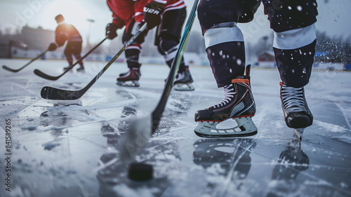 The men played the puck in ice hockey. Close-up photo