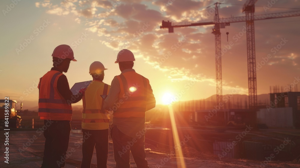 Obraz premium Warm sunset light floods a construction site where a diverse team of professionals use a tablet to review project progress