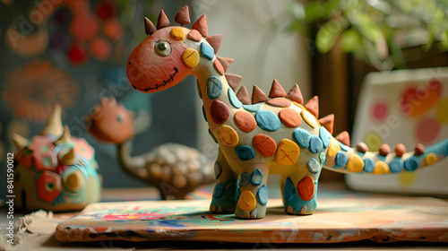 Fototapeta Naklejka Na Ścianę i Meble -  A colorful, multi-colored dinosaur toy with a long tail and a horn on its head