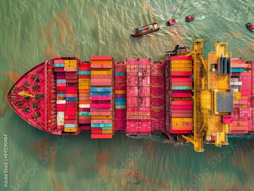 A large red and yellow ship is in the water with a red stripe. The ship is surrounded by a green and blue ocean © auttawit