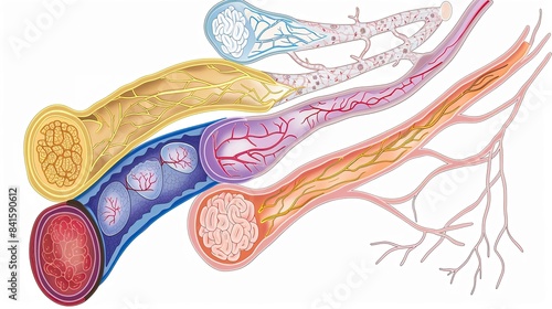 Schematic showing different stages of atherosclerosis, colorcoded, frontal perspective photo