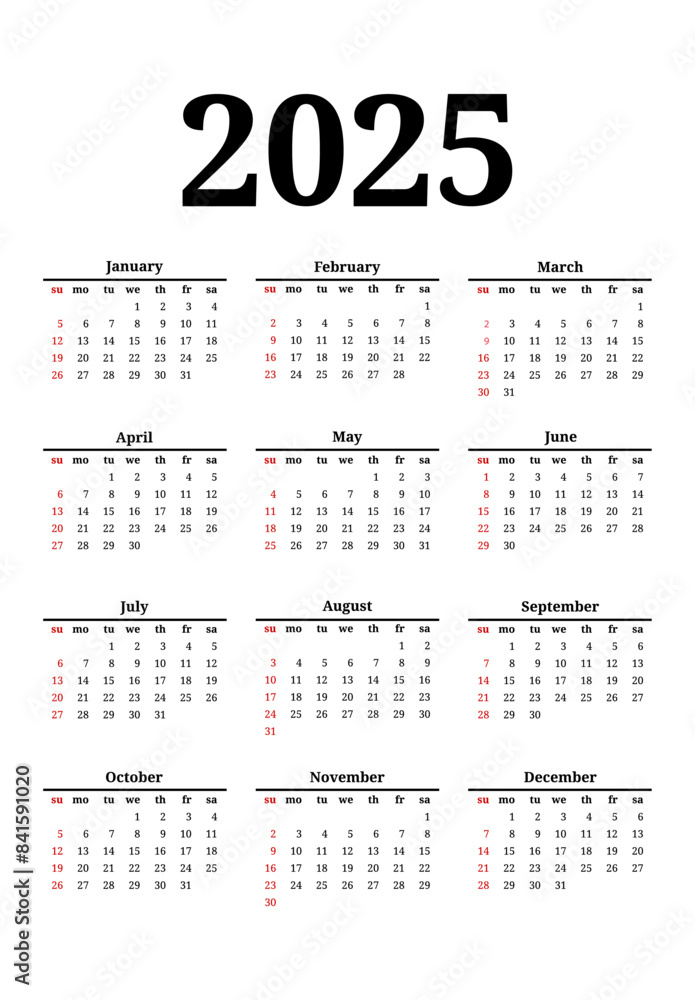 Calendar for 2025 isolated on a white background Calendar for 2025 isolated on a white background