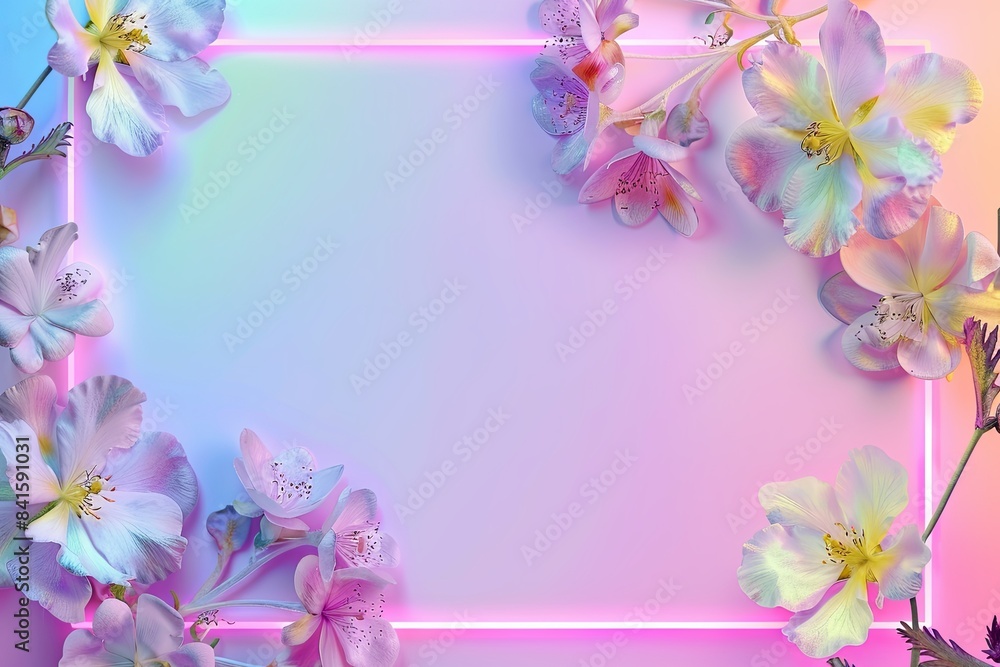 rectangular neon frame on pink and blue gradient background with spring flowers blooming