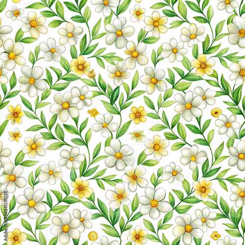 A seamless pattern featuring white and yellow flowers with green stems and leaves on a black background. Generative AI