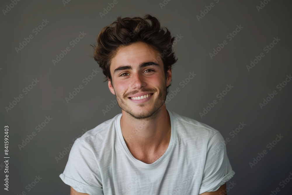 A close up portrait of a young man with a subtle smile