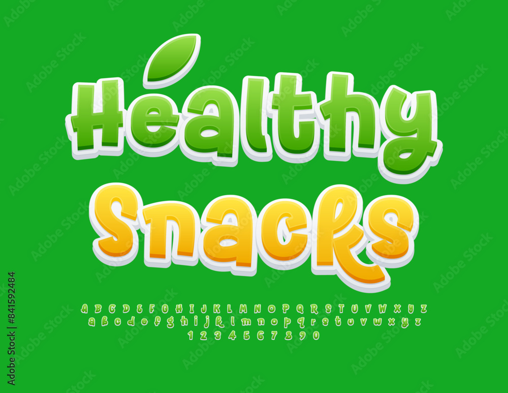 Vector ecologic concept Healthy Snacks. Creative Green Font. Funny Alphabet Letters and Numbers set. Vector ecologic concept Healthy Snacks. Creative Green Font. Funny Alphabet Letters and Numbers set.