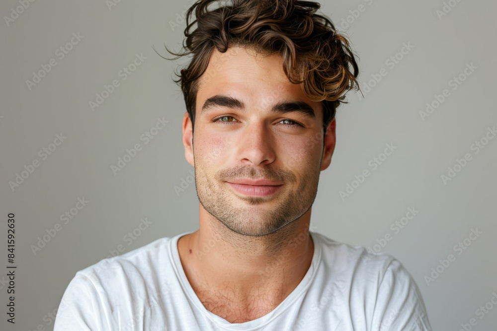 A close up portrait of a young man with a subtle smile A close up portrait of a young man with a subtle smile