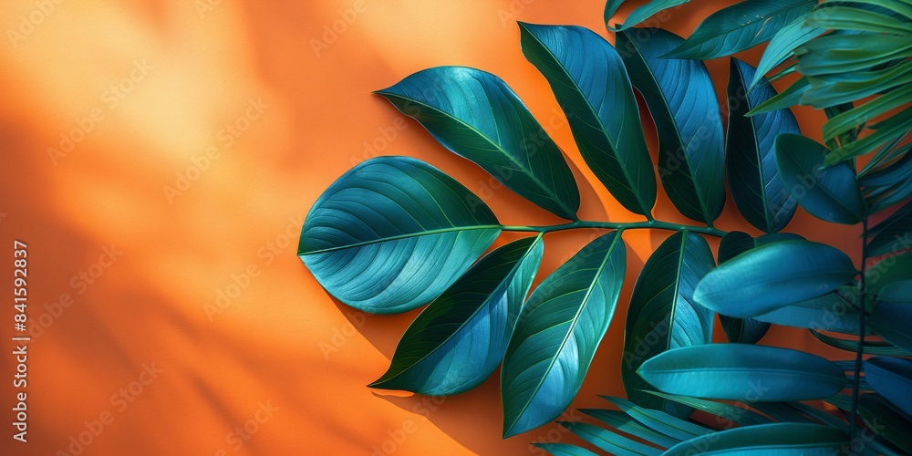 Fototapeta premium Tropical palm leaves on an orange background. Summer vacation and exotic nature concept. Design for spa poster, wallpaper, banner with copy space.