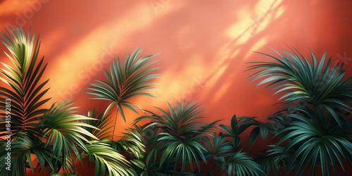 Tropical palm leaves on an orange background. Summer vacation and exotic nature concept. Design for spa poster, wallpaper, banner with copy space. © NeuroCake