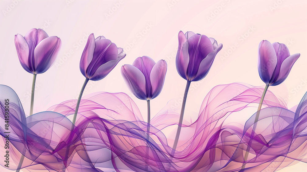 Delicate purple tulips emerging from a transparent flowing fabric Delicate purple tulips emerging from a transparent flowing fabric