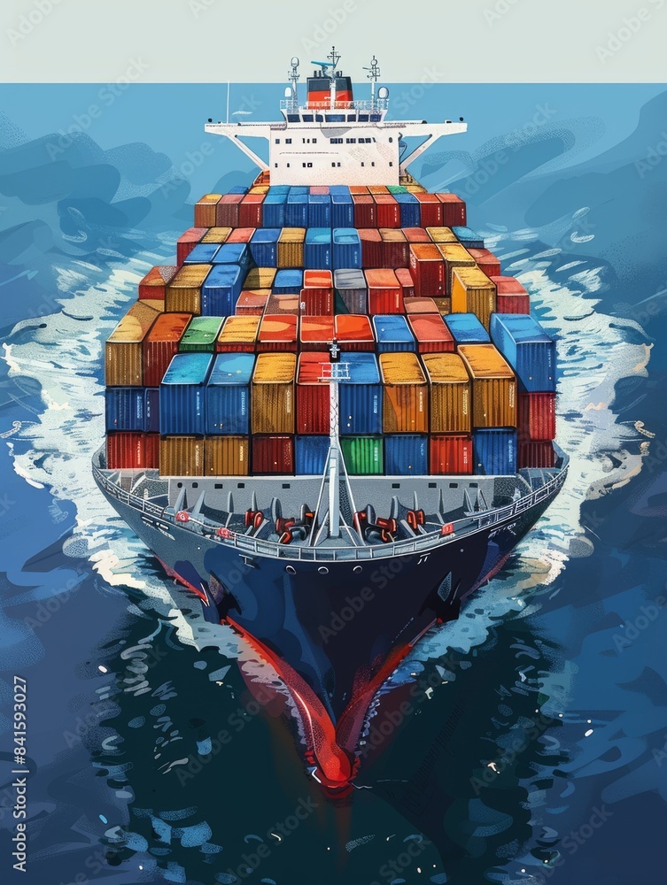 Fototapeta premium A large ship with many containers on it is sailing in the ocean. The ship is blue and red, and it is surrounded by water. Scene is calm and peaceful, as the ship is moving slowly through the water