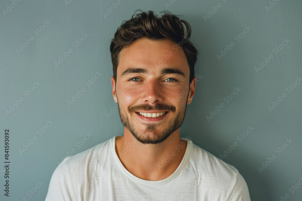A close up portrait of a young man with a subtle smile