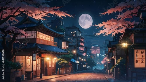 atmosphere in Tokyo city at night with a full moon in the background. 4K seamless looping virtual video animation background. photo